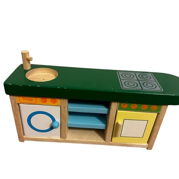 Goki Dollhouse Furniture Kitchen Table 4 Chairs Sink and Cupboard for 10” Dolls - Picture 2 of 5